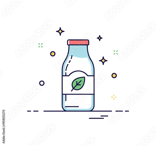 Organic milk concept centered on a simple glass bottle with a small leaf label and subtle sparkle accents, symbolizing natural farming and purity.