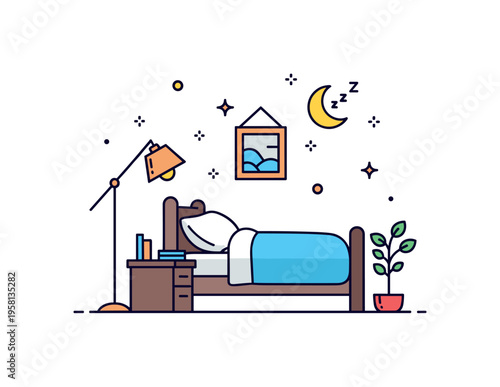 Relaxing sleep environment centered on a cozy bed beside a softly glowing lamp while a small plant and moon icon create a calm bedtime atmosphere. The scene