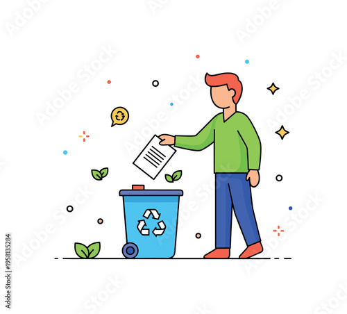 Sustainable lifestyle habit person dropping a paper item into a recycling bin while tiny leaf icons emphasize environmental care. Simple scene expressing eco
