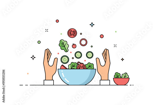Fresh vegetable salad making scene with hands tossing colorful ingredients like lettuce, tomatoes, and cucumber slices inside a bowl. Bright and healthy food