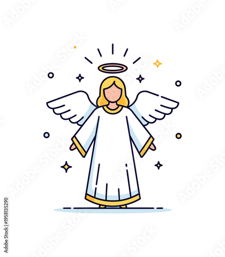 Angel costume featuring a flowing white robe with soft feathered wings and a delicate halo hovering above, expressing innocence and light. The compact badge