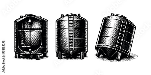 Iron water tank A realistic iron water tank integrated into the body shown in three views: side cutaway-style exterior view, rear view, and angled perspective,