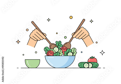 Preparing a healthy salad illustrated by hands holding a wooden spoon and mixing leafy greens with tomatoes and cucumbers in a bowl. Fresh and vibrant kitchen