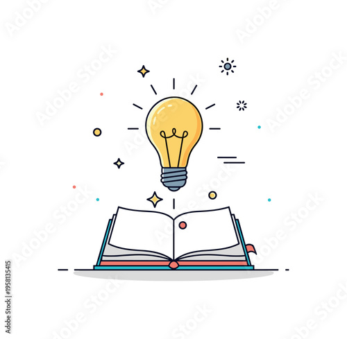 Beginning of an idea illustrated by a glowing lightbulb rising from an open notebook while tiny stars suggest inspiration. The creative scene reflects the