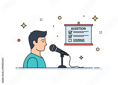 Audition for a singing group depicted by a singer icon facing a microphone while a small checklist board marks evaluation points. Clean musical scene