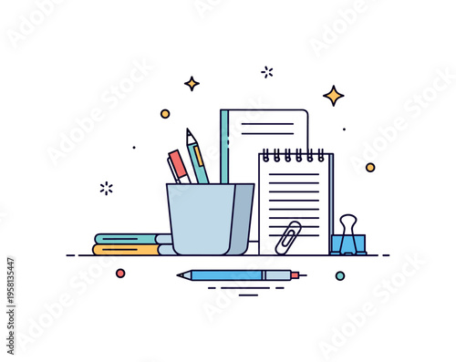 Minimal desk organization compact stationery holder surrounded by a few neatly placed items like a notepad and paper clips. Calm visual metaphor for