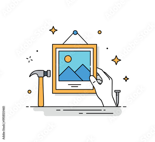 Picture frame installation simple framed photo being hung on a wall with a small hammer and nail nearby. Scene illustrating DIY home decorating and everyday