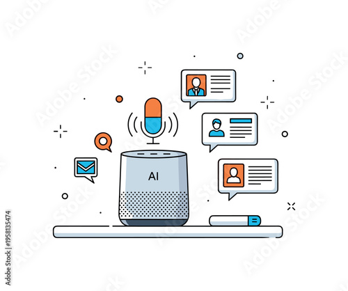 AI powered office assistant smart speaker device placed on a desk with small voice command wave icons and task symbols representing automated office support.