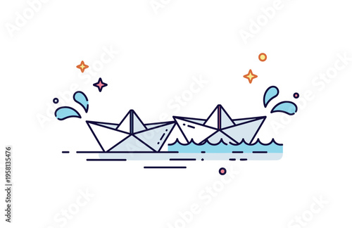 Friendly paper boat race moment showing two tiny boats side by side on a simple water surface with playful splash marks nearby. Lighthearted concept of