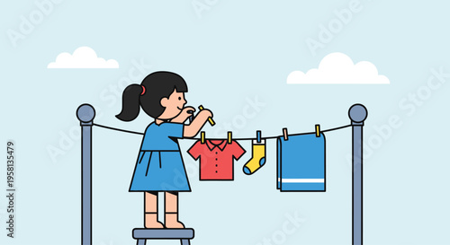 Young Girl Hanging Clothes on Line.