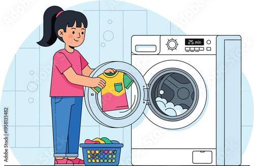 Young Girl Loading Washing Machine with Laundry.