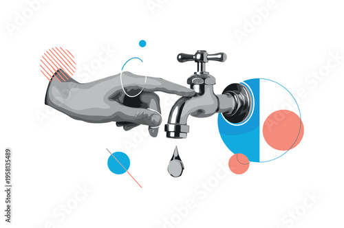 black and white hand turning off a water tap with a droplet suspended in the air, white outline cut-out effect, geometric circles and diagonal lines suggesting
