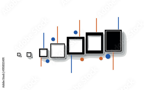 black and white sequence of geometric blocks increasing from small to large representing range expansion, white outline cut-out effect, circular accents and