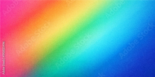 An artistic abstract rainbow background features a bright geometric mosaic pattern with a colorful gradient spectrum of pink, blue, and yellow vector shapes for a modern wallpaper design