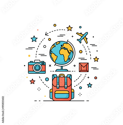 World traveler lifestyle badge with a globe icon surrounded by a backpack, camera, and airplane path. Clean adventure themed illustration representing global