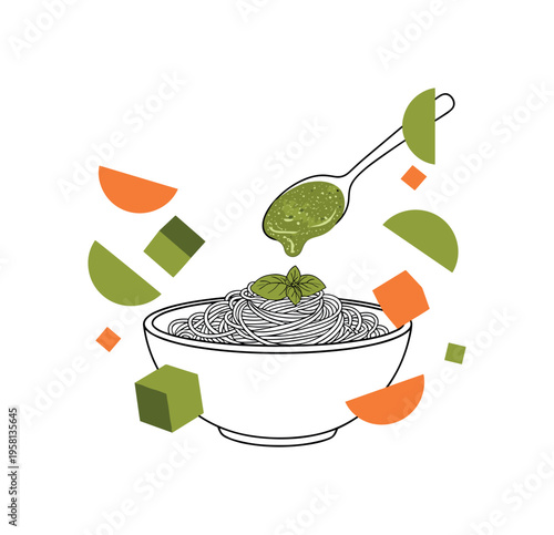 black and white pasta bowl with spoonful of fresh pesto sauce being added, cut-out collage object with white outline, floating semicircles and geometric blocks