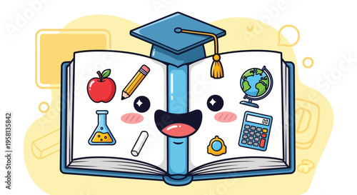 Cartoon Book with Education Symbols and Graduation Cap.