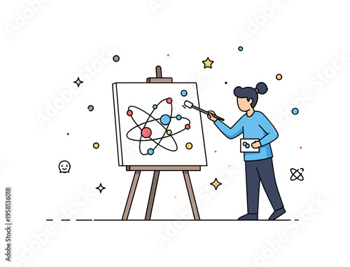 Artist exploring quantum universe creative figure painting floating particles and orbital lines onto a canvas while small stars highlight curiosity and