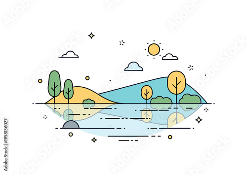 Lake calm freshwater lake surrounded by gentle hills and simple trees reflecting softly on the water surface under a bright sun. The scene captures peaceful