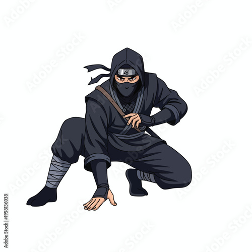Crouching ninja in dark attire, mask, hood, and headband, sword visible