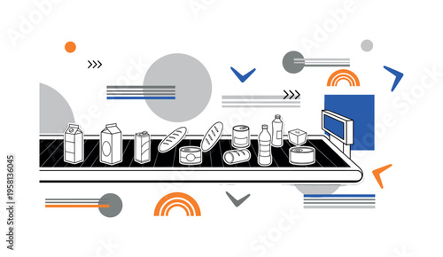 monochrome conveyor belt at grocery checkout with products moving toward scanner, white cut-out outline around the belt and items, geometric circles and