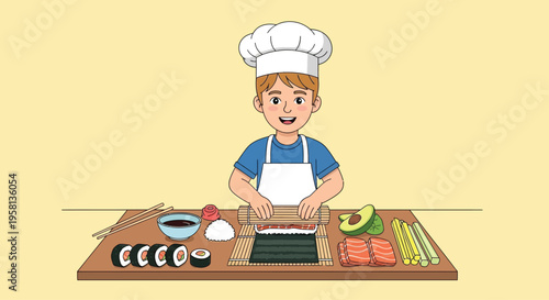 Cartoon Chef Preparing Meal in Kitchen.