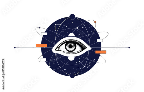 conceptual star gazing scene with a black and white eye looking upward, white cut-out outline around the eye, giant navy blue circle sky with small star icons