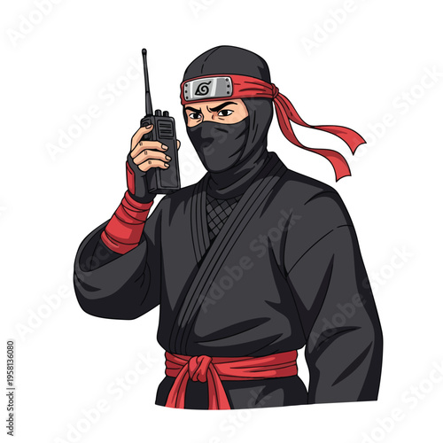 Masked figure in black with red accents holds a communication device, looking forward