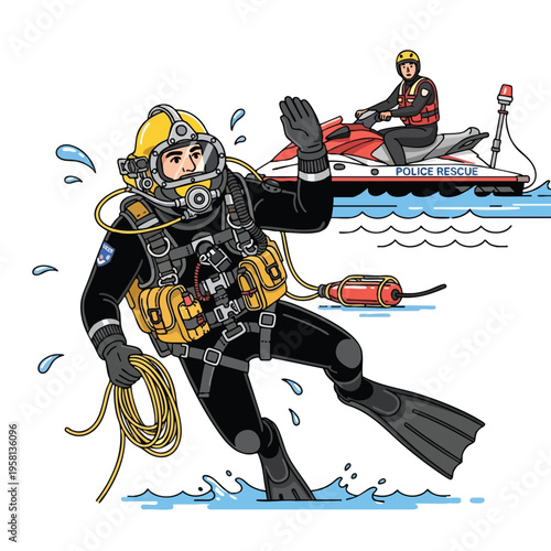 A diver with a yellow helmet and black gear emerges from water next to a rescue jet ski