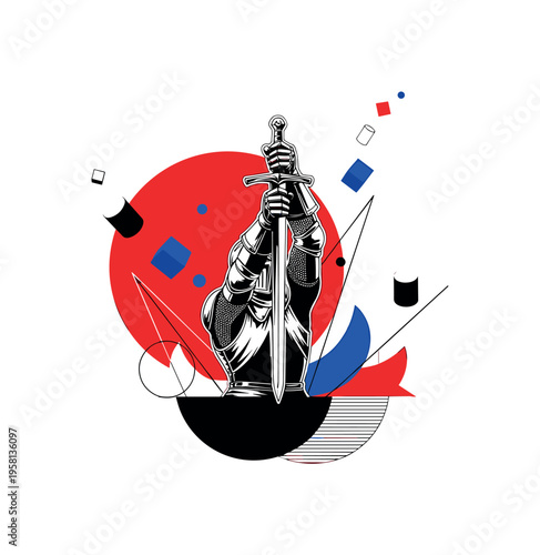 heroic medieval knight lifting sword high above head, black and white armor cut-out with white contour outline, bold red circle behind creating dramatic