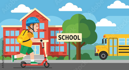 Child Riding Electric Scooter to School.