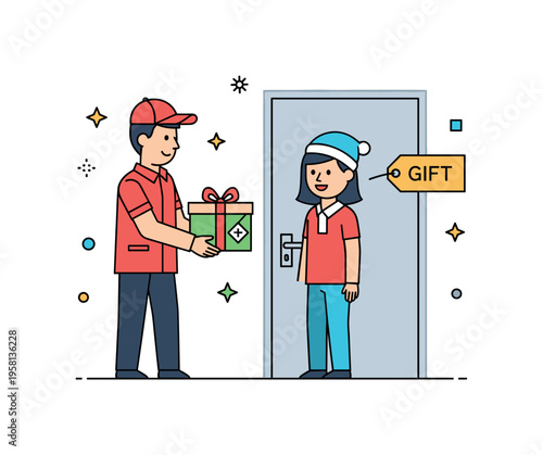 Festive package delivery showing a courier handing a wrapped holiday box to a smiling recipient at the door. Small star accents and a ?Gift? label reinforce