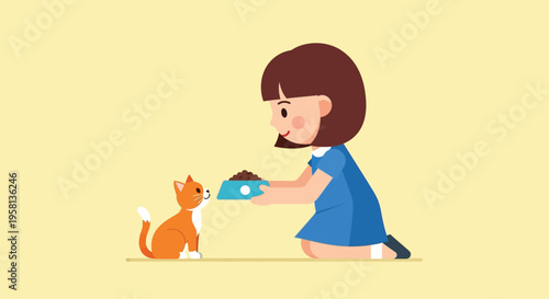 Girl Feeding Cat with Scoop.