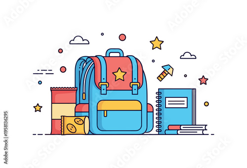 School trip excitement visualized through a small backpack decorated with a star patch while travel items like snacks and a notebook rest nearby. Bright and