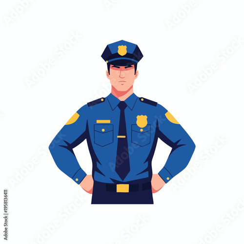 A stern-faced officer in a blue uniform and cap stands with hands on hips