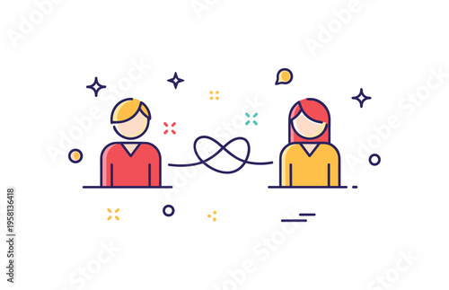 Relationship tangle concept with two small figures connected by a knot of looping lines between them. The scene symbolizes emotional complexity and working