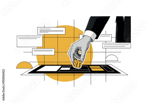 retro classroom concept with a black and white teacher rolling dice on a learning game board, white outline cut-out effect around the hand and dice, large