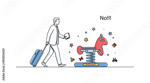 Corporate Traveler Walking. Minimalistic one-line drawing professional walking with suitcase and briefcase toward office or meeting venue, continuous single