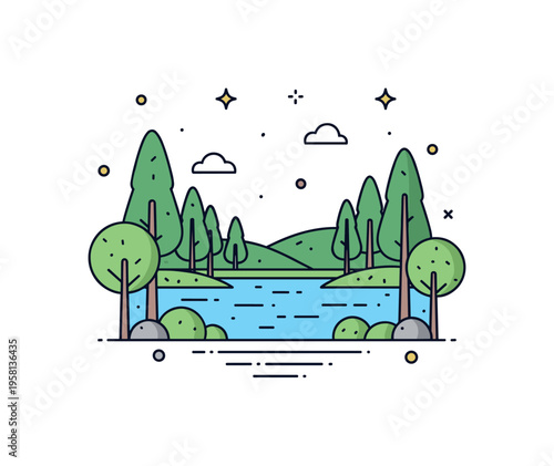 Forest lake tranquil lake surrounded by simple forest trees forming a natural frame around the water surface. The scene represents peaceful woodland landscapes
