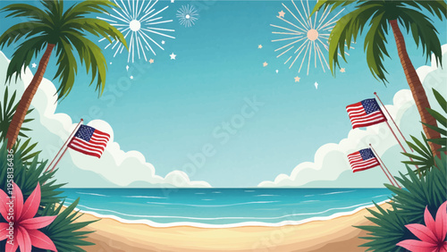 4th of July beach background with American flags and fireworks