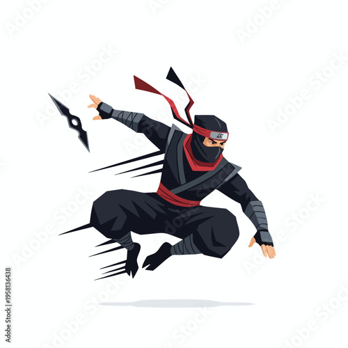 A stealthy warrior in black, mid-air, throws a spiked shuriken