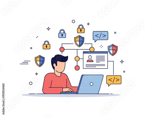 Cybersecurity awareness and ethical hacking depicted with a person analyzing a network on a laptop, tiny floating locks, shields, and code symbols indicating