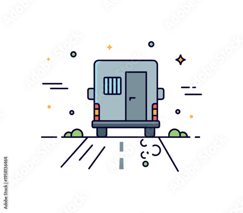 Prisoner transport van driving away along a simple road with a small barred window visible on the vehicle and dust lines trailing behind. The scene conveys