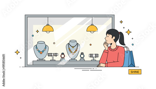 Jewelry store window display elegant rings and necklaces arranged on small stands inside a bright shop window while a shopper looks thoughtfully from outside.