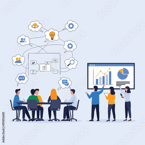 Team brainstorms ideas, collaborates, presents data in meeting