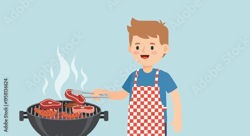 Man Wearing Apron Grilling Meat on Barbecue.
