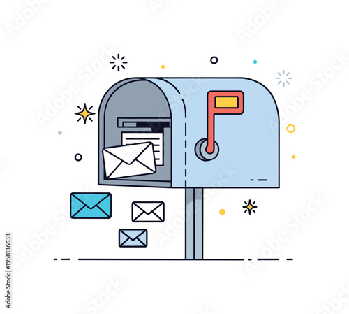 Mailbox slot mailbox slot with visible envelope icons hovering near it representing mail collection, communication, and postal delivery. Decorative spark icons