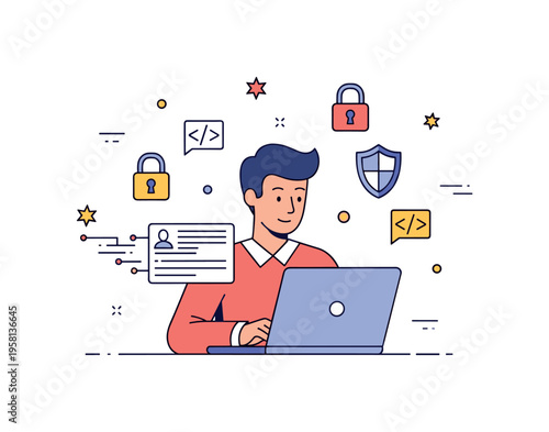 Ethical hacker analyzing digital systems with laptop open, small decorative code symbols, padlocks, and shield icons around, subtle motion accents highlighting