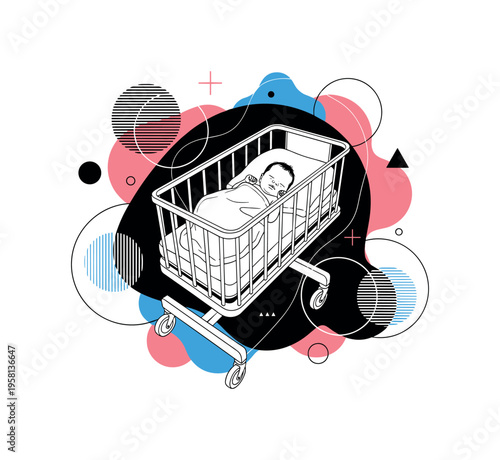 newborn baby in hospital crib abstract circles lines and geometric shapes representing neonatal care black and white retro baby and crib objects with white