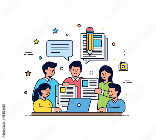 Magazine editorial team collaborating around a small desk with a laptop and printed pages while a speech bubble and pencil icon highlight creative discussion.